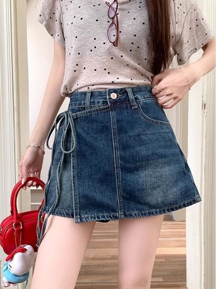 Denim Shorts Women - Женские джинсовые шорты-юбка с высокой талией,
