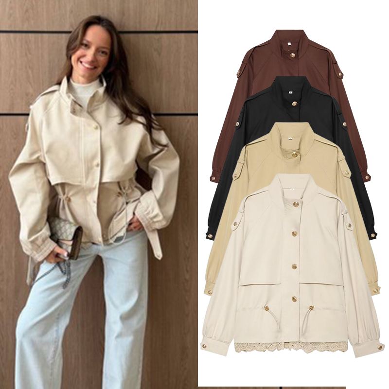 Women'S Fashion Utility Jacket - Женская куртка с кружевной отделкой, укороченное