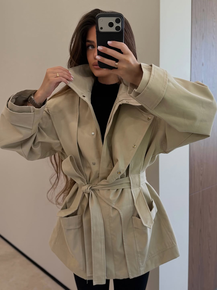Women'S Fashion Utility Jacket - Женский короткий тренч с поясом, воротником-стойкой,